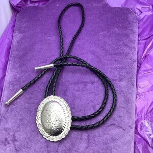 Vintage Bolo Tie Black Leather With Silver Accent